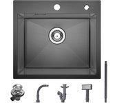 CECIPA MAX 50x45cm Fregadero Negro Gris 1 Seno sobre Encimera, Fregadero Cocina Negro Acero Inoxidable para Mueble de 50cm o Más, Fregadero Inox Antracita con Sifón y Rebosadero