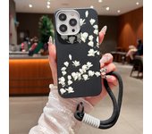 Soft TPU Lanyard Case For iPhone 16 15 Pro Max 14 Plus 13 12 Pro Max 11 White Flowers Printed Leather Texture Rope Phone Cover
