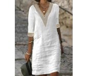 A brand new elegant cotton or mid sleeved dress, V-neck, women's autumn solid color