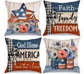 4th of July Pillow Covers 20x20 Inch Set of 4, Patriotic Stars Floral Mason Jars God Bless America Land That I Love Farmhouse Decorative Throw Pillowcases for Home Sofa Couch Decoration G528-20