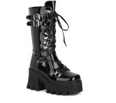 Botas De Mujer De Otoño E Invierno Para Mujer, Botas Medianas De Charol Negro, Hebilla De Cinturón Para Mujer, Botas De Locomotora Con Cordones Delanteros De Suela Gruesa Botas Altas Para Mujer