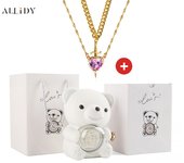 Luxury Hot Red Zircon Heart & Dagger Pendant Double Couple Necklace Set with Real Preserved Rose & Teddy Bear – Romantic Jewelry Gift for Mother’s Day, Valentine’s Day, Birthday & Anniversary