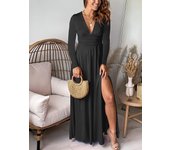 Deep V-neck long sleeved with pleats high waisted slit club party evening dress solid color dress