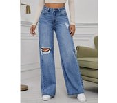 Wide-Leg Straight Hot-Selling -Waist Floor-Length Pants Women's Ripped Jeans Light Blue