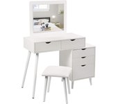 Cosmética con Taburete Tocador  Maquillaje con Espejo 5 Cajones y 1 Mesita  Noche 80x40x125cm MB6059ws