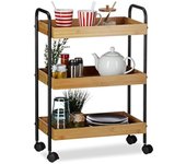Carrito Cocina con 3 Niveles y Ruedas Giratorias, Bambú y Acero, Marrón y Negro