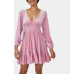 2025 Autumn/Winter Women's V-neck Lantern Sleeve Gold Velvet Ruffle Edge Dress