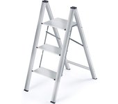 Escalera Plegable 3 Peldaños de Aluminio, Escalera Pequena Plegable Segura de Hogar con Mecanismo Antiplegado, Taburete Escalera Portatil para Cocina Domestica, Peso Máximo 150kg, Plata