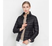 Abrigo de invierno para mujer, chaqueta ligera, cálido, corte ajustado con cuello alto, chaqueta de plumón, color liso.