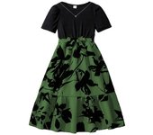 Korean Fashion Summer Kids, Black Floral Short Sleeve With Belt, Comfortable And Decent Dress For Party Or Holiday