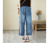 Nine point cotton wide leg embroidered jeans, women's high waisted, ruffled, loose fitting oversized straight leg casual pants