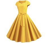 Summer vintage women solid square collar retro party dress belt