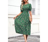Woman's Dress, 2025 summer new round floral high waisted fashionable A-line mid length dress for women