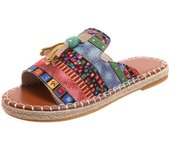 Famoso estilo borla plana zapatillas mujer bohemio graffiti dedo del pie abierto suave sandalias de playa