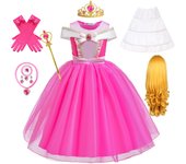 Girls Aurora Dress Princess Halloween Cosplay Costume Princess Rosy Pink Deluxe Outfit Kids Birthday Party Gown Fairy Disguise