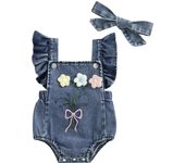Pudcoco Baby Girl Summer Outfits Ruffle Sleeveless Square Neck Denim Romper with Headband Set Newborn Clothes
