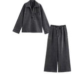 Short denim trench coat+wide pearl jeans pleats, Blazer, casual collar with lapel, long sleeved top, loose pants