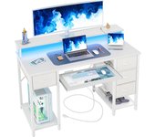 Escritorio Moderno LED con Regleta Enchufes - 120x50 cm Mesa Gaming Ordenador con Bandeja para Teclado, 4 Cajones Reversibles, Grande Soporte Monitor para Estudiar Jugar Trabajar Dormitorio