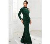 Sparkling and high necked velvet evening gown, royal blue, green, long sleeved, graduation ceremony gown