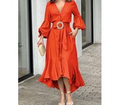 Women's Long Dress Flap Belt, Stylish Garment with Flashlight Sleeve, Vintage Style, Spring and Summer, 2024