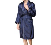 Men Satin Bathrobe Belt Adults Contrast Color Long Sleeve V-neck Night Robe with Pockets