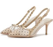 733-9 pointed thin heel genuine leather high heels with empty rivets at back of the toe, high-heeled polka dot shoes, French