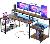 Mesa Gaming 181cm, Escritorio Gaming con Luces LED, Mesa Gaming para PC con 3 Tomas de CA y 2 Puertos de Carga USB, Escritorio para Ordenador con Amplio Estante para Monitor, marrón