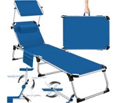 Exterior de Aluminio, Tumbona Plegable con Reposacabezas, Parasol y Bolsillo Lateral, Tumbona Playa Reclinable en 6 Posiciones, Tumbona Piscina Resistente a Intemperie - Gris