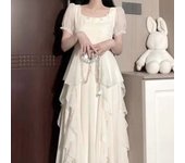 Fashion White Chiffon Dress Women Ruffles High Waist A- Line Fairy Dress Sweet Puff Sleeve Tassel Mesh Dress Party