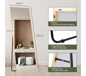Full Body Mirror Floor Mirrors Full Length Mirror 162x53cm Rectangle Free Standing Wall Mounted Leaning Hanging, Black/Gold