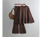 BGTEEVER Stylish Warm Ladies 2 Pieces Knitted Set O-neck Flare Sleeve Pullovers Sweaters & High Waist Split Wide Leg Pants