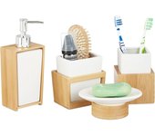 Relaxdays Juego de Accesorios de Baño Moderno, Bambú-Cerámica, Beige-Blanco, 4 Unidades