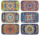 22 x 13 cmJuego de 6 Platos para Servir Platos Rectangulares para Aperitivos, Sushi, Fruta, Ensalada, Postre - Apto para Microondas/Horno/Lavavajillas - Estilo Bohemio Colorido