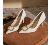 [Sheepskin] French High Heels Women's 2024 New Versatile Metal Buckle Pointed Toe Shallow Heel Shoes