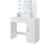tocador con iluminación LED, Espejo, cajón, 3 estantes y Armario - 90 x 38 x 137 cm - Blanco - Madera - tocador Mesa de Maquillaje