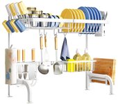 25.5 a 33.5 Pulgadas Escurridor de Platos para Colocar sobre el Fregadero, Ajustable 2 Niveles de Acero metálico para encimera de Cocina con Ganchos, Soporte para Toallas de Papel,