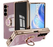 Luxury Plating Silicone Shockproof Bumper Case for Samsung Galaxy Z Fold 6 5 4 ZFold Fold6 Fold5 Fold4 Cover with Ring Holder