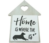 Figura de Pared de Madera Grisácea con Silueta de Perro y Texto "HOME IS WHERE THE DOG IS"