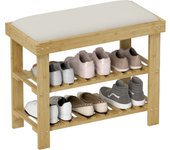HOMCOM Banco Zapatero de Bambú Zapatero con Asiento Acolchado 2 Estantes para 6 Pares de Zapatos para Entrada Dormitorio 60x29x49 cm Natural