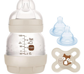 MAM Set Recién Nacido de Biberón Anticólicos, Biberón de 130ml, con Tetina 0 Flujo Extra Lento, Autoesterilizable y Fácil de Limpiar, MAM Easy Start Anti-Colic y Chupete de Silicona 0-2 mese +  Pack de 2 Tetinas 0, Flujo Extra Lento, Recién Nacidos,