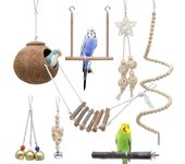 Parrot Bird Toys 7 piezas, jaula de pájaros de cáscara de coco natural con escalera, hamaca de escalada columpio, cadena de percha para pájaros, loros, periquitos, guacamayos, tortolitos