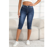 Women Slim-Fit Capri Denim Jeans Button Pockets Zipper Casual Style Denim Pants Fashionable Deep Blue Denim Calf-Length Pants