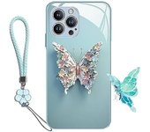 Funda de cristal plana con patrón de mariposa 3D compatible con iPhone, compatible con iPhone 12 a 14 Pro Max con correa (para iphone14ProMax, morado claro)