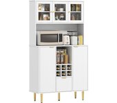 HOMCOM Alacena de Cocina Mueble Auxiliar de Cocina Aparador Alto con 3 Puertas de Vidrio Botellero Cajón Estantes Ajustables y Compartimentos Abiertos 100x40x180 cm Blanco