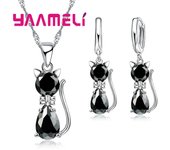 Real 925 Sterling Silver Color Jewelry Sets for Woman Girls Shining Austrian Crystal Cute Cat Pendant Necklace Huggie Earring