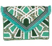 Lula Natura, bolso de mano clutch night modelo Jeno con decoracion abalorios y lentejuelas color blanco y tonos verdes
