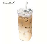 400ml Square Glass Mug With Lid and Straw Breakfast Milk Cup Microwave Safe Transparent Party Beer Coffee Mug Drinkware Glass