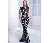 Short Sleeve High Neck Floral Sequin Evening Dress Slim Long Bodycon Prom Maxi Gown Cheongsam Style