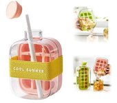 Cubitera, vaso para hielo y agua, 2 en 1, sin contacto, con pajita, bandeja vertical con tapa y fácil de abrir, perfecta para café y zumo (verde, L-800 ml)