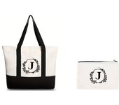 Blue and white porcelain black letter printed canvas beach bag, fashionable and trendy handbag, canvas shopping bag
